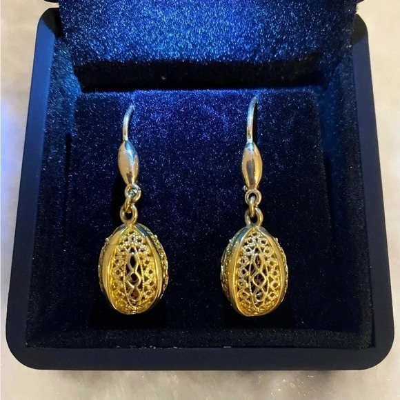 Rare 14k Gold Greek Byzantine Filigree Pendant Egg Earrings - Picture 3 of 8
